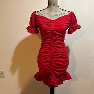 Red Ruffled Off-Shoulder Mini/Mid Dress. Small.